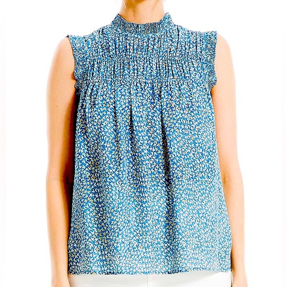 NWT Max Studio Women's Crepe Sleeveless Mock Ruffle Neck Blouse Blue Floral XS - Picture 2 of 12